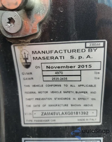 2016 Maserati Granturismo S из США, поврежденный, VIN ZAM45VLAXG0181392